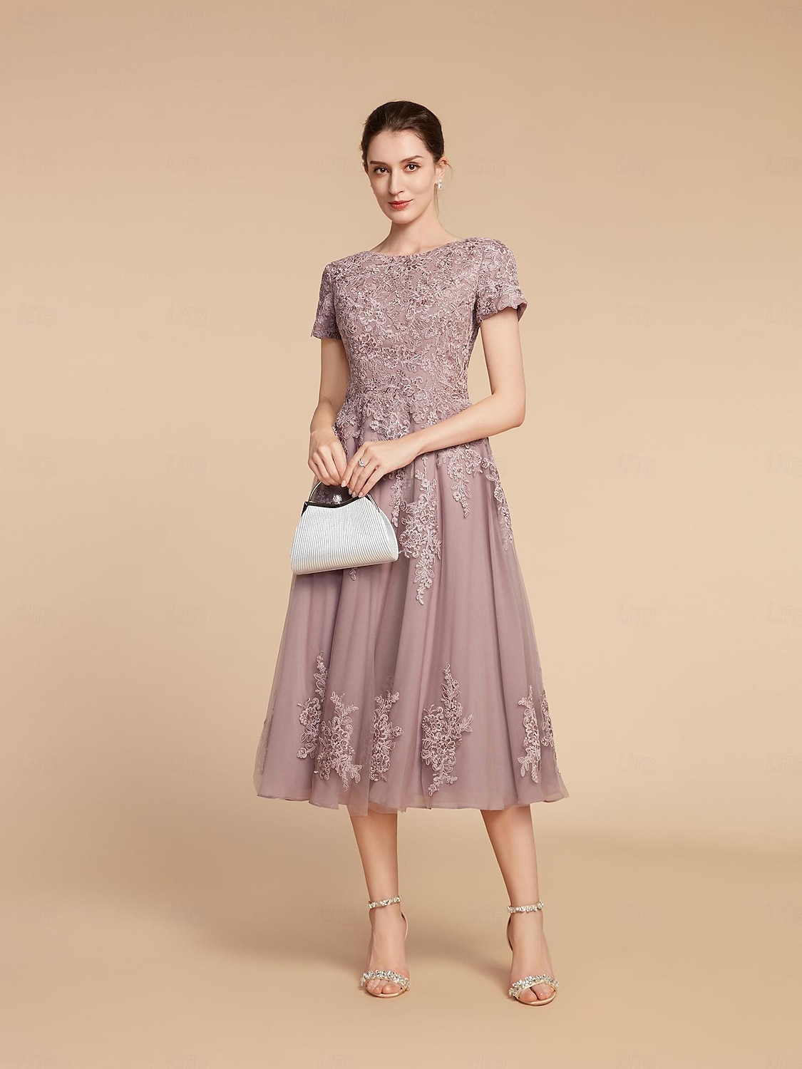 A-Line Mother of the Bride Dress Wedding Guest Elegant Petite Jewel Neck Tea Length Lace Tulle Short Sleeve with Ruching Flower 2025 free custom size 2025 - $201.99 –P2