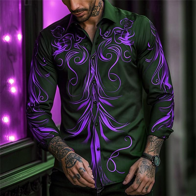 Herren Totem Knopfhemd Bedruckte Hemden Langarm Subkulturell Urlaub Party Strasse Frühling Sommer Umlegekragen Bedruckt Button-Down Rote Purpur Orange 2025 - $24.99 –P3