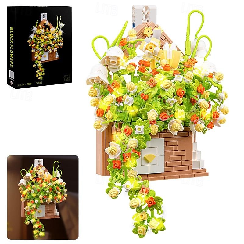 Presentes do dia das mulheres buquê de flores conjunto de construção flores casa bonsai plantas com luz led coleção botânica decoração de parede brinquedo de construção criativa presentes do dia das de 2025 por $52.99 –P1