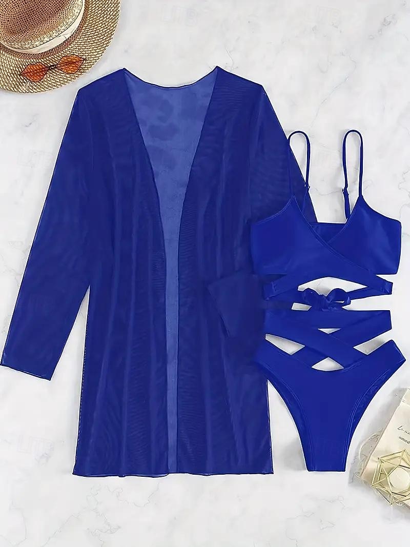 Women's Swimwear Bikini Cover Up Normal Swimsuit 3-Piece Plain Black White Pink Blue Green Bathing Suits Sexy Beach Wear Holiday 2024 - HK $282.93 –P8