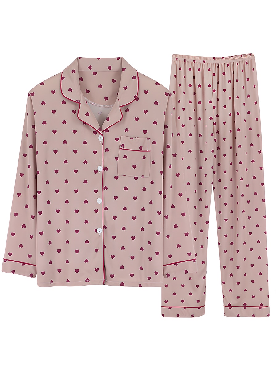 dames pyjama sets hart raster / ruit mode comfort zacht thuis dagelijks bed satijn zijde ademend revers lange mouw shirt broek knoop zak herfst winter thuis outfits 2025 - $19.49 –P3