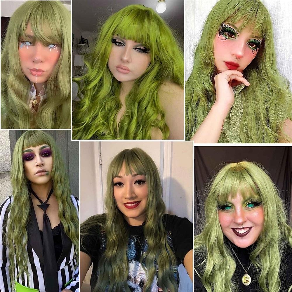 Green Wig with Bangs Soft Long Wavy Wigs for Women Curly Synthetic Fiber Wig Replacement Halloween Costumes Cosplay Party Wigs St.Patrick's Day Wigs 2025 - $21.99 –P12