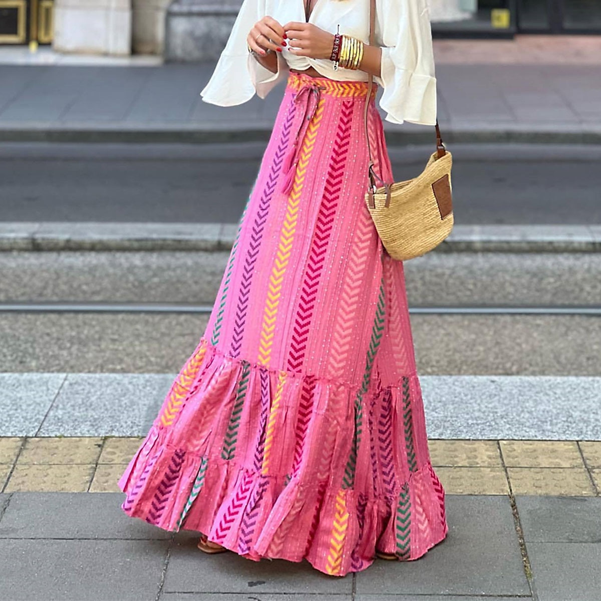 dámská sukně linka swing dlouhá sukně maxi vysoký pas sukně volánkový potisk květinový geometrický denní dovolená letní móda ležérní boho růžová modrá zelená světle modrá 2025 - $26.99 –P8