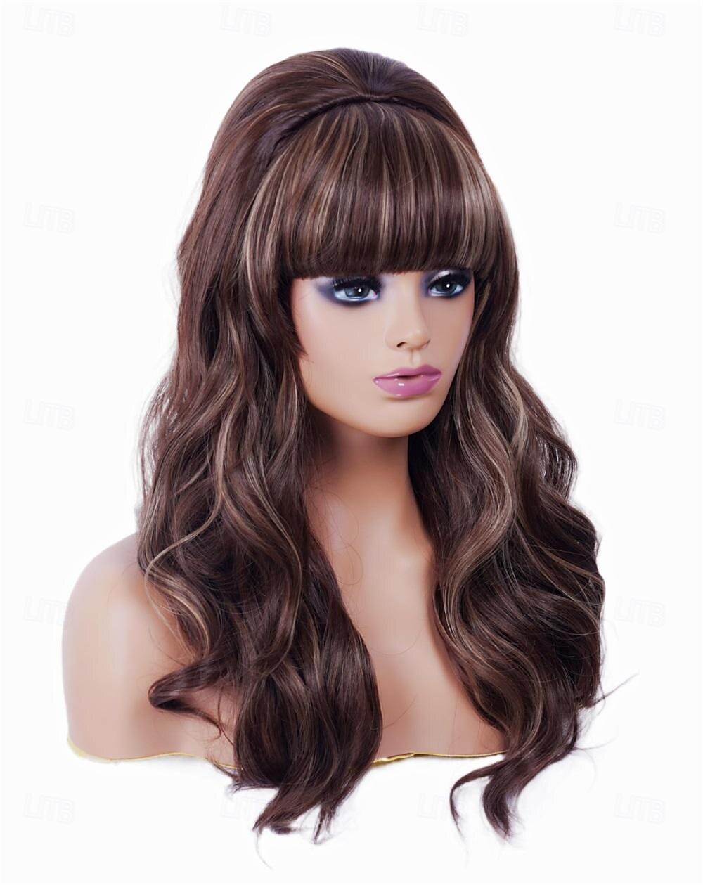 Lange braune Mischperücke mit Pony Retro Bouffant Duttperücken passend zu 80er Kostümen oder Karneval Partys Halloween Perücken 2025 - $23.99 –P4