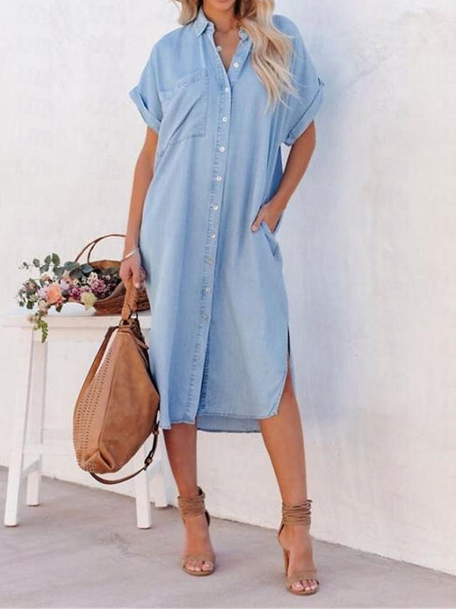 Dames Shirtjurk Halflange jurk Denim nappi Zak Afspraakje Streetwear Overhemdkraag Korte mouw blauw Kleur 2025 - $26.99 –P1