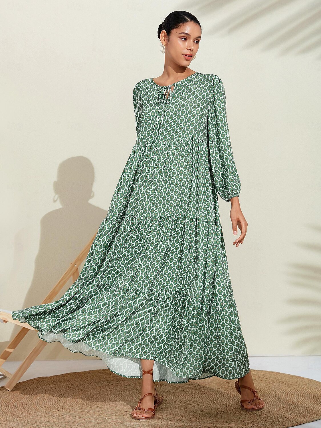 Per donna Abito linea A Orlo maxi Vestito maxi Verde Manica lunga Geometrico geometrico geometrico Primavera A V Vestito con motivo Stile di moda semplice Da mare S M L del 2025 a $72.99 –P3