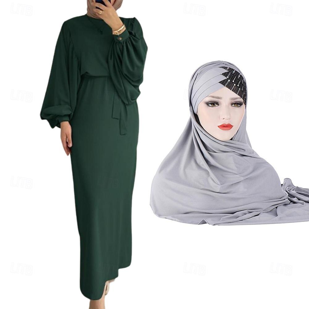 conjunto com vestido abaya feminino vestido maxi muçulmano árabe com cinto vestido religioso árabe saudita lenços hijab cachecol envoltório headpiece ramadan religioso 2 peças feminino ramadan árabe de 2025 por $42.99 –P10