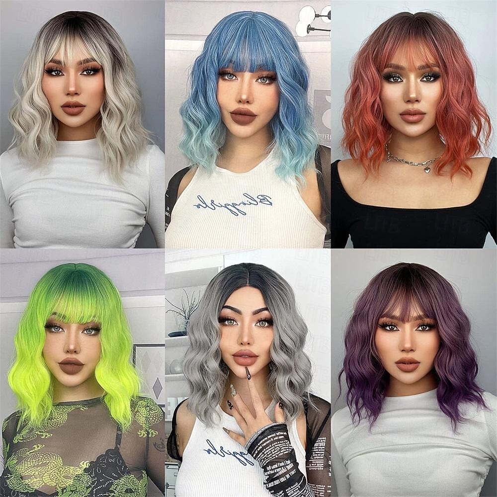 Parrucca ombre rosa parrucche bob ondulate corte per donne con frangia lunghezza spalla parrucca sintetica per cosplay e feste per ragazze parrucche colorate per uso quotidiano parrucche di Halloween del 2025 a $18.49 –P3