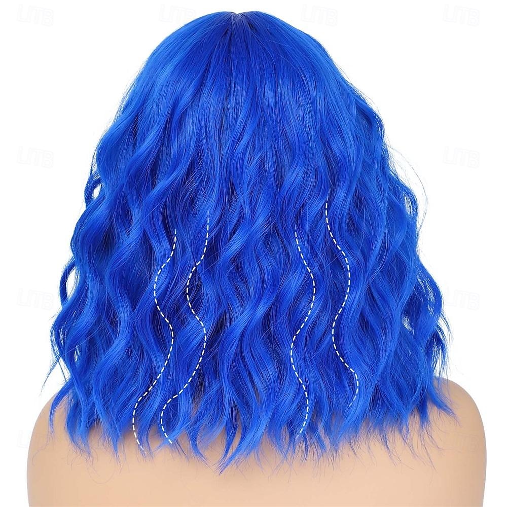 Bob Wig With Bangs Short Wavy Blue Wig Women Synthetic Colored Bachelorette Wigs Shoulder Length Party Halloween Christmas Fun Cosplay Wigs 2025 - $26.99 –P2