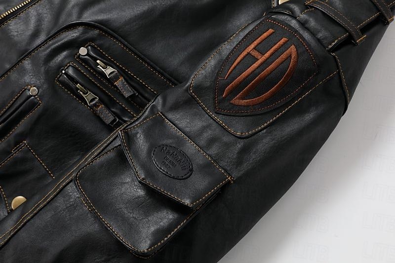 Herren Kunstlederjacke Bikerjacke Vintage Lederjacke Straße Motorrad Thermowarm Tasche Frühling & Herbst Einfarbig Streetwear Lässig Umlegekragen Regulär Kunstleder Schwarz Braun Jacken 2026 - $91.99 –P17