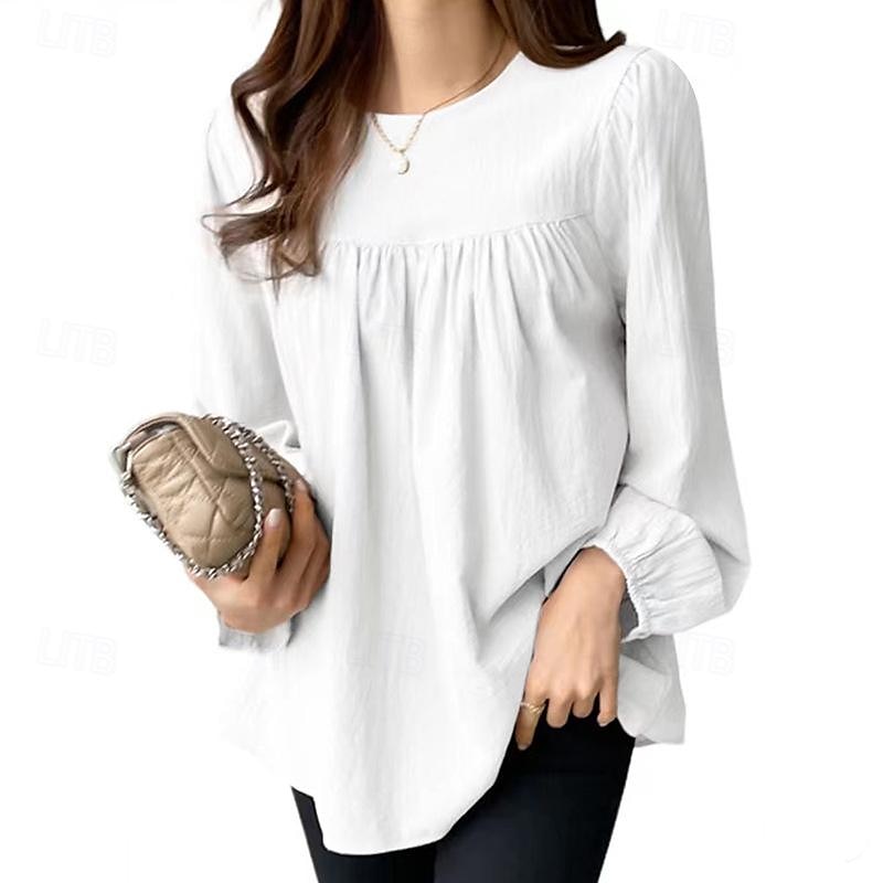 Leinenhemd Langes Baumwolltop Weißes Baumwolltop Weiße Baumwollbluse Damen Weiß Rosa Armeegrün Einfarbig Puffärmel Straße Täglich Mode Rundhals Baumwoll-Leinen Normale Passform S 2025 - $24.99 –P2