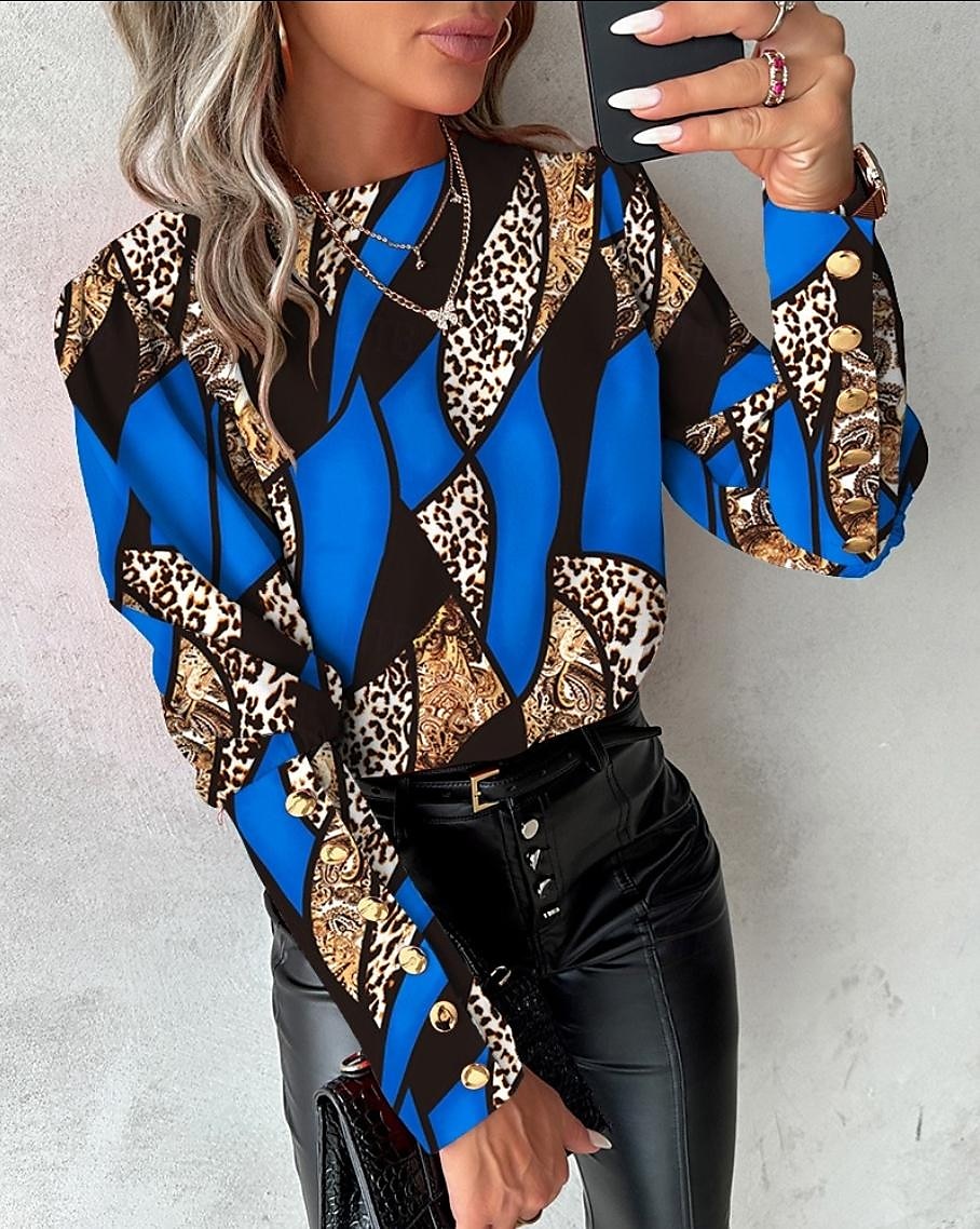 camicetta da donna elegante color block bottoni stampa maniche raglan manica lunga girocollo casual giallo rosso blu verde primavera&amp; estate del 2025 a $26.99 –P2