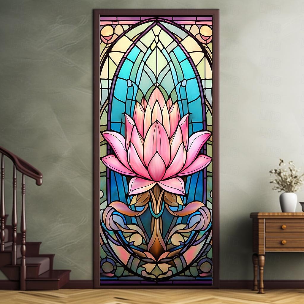 2026年 ステンドグラス蓮のドアカバー壁画装飾ドアタペストリードアカーテン装飾背景ドアバナー玄関ドア用取り外し可能屋内屋外ホームルーム装飾農家の装飾用品  コレクション – $26.99 –P6