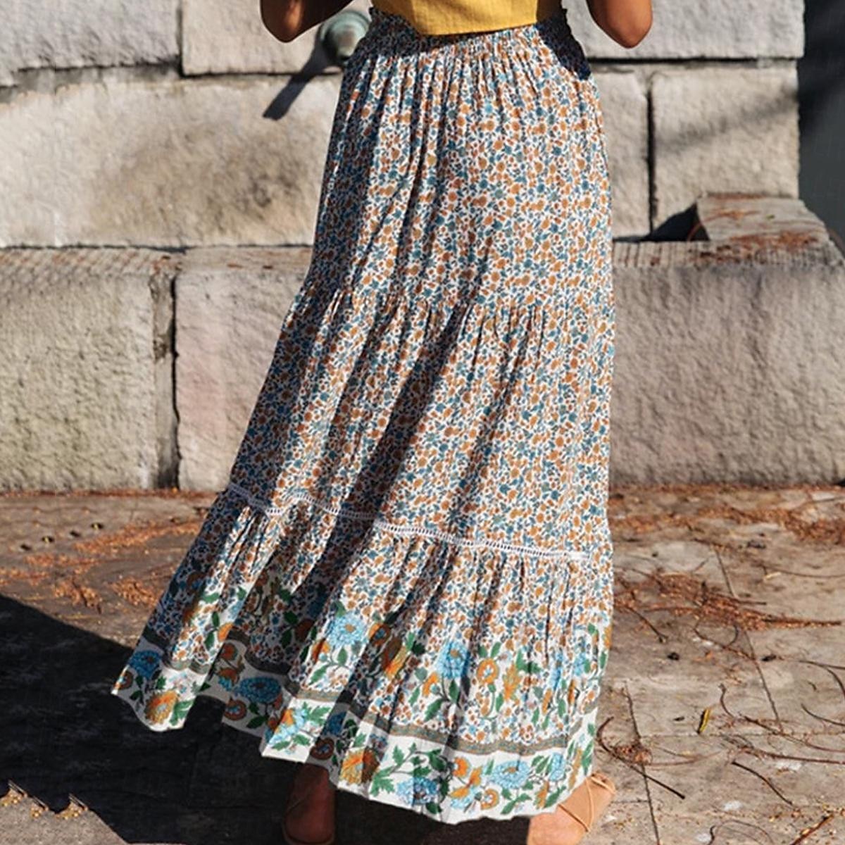 spódnica damska linia swing bohemia maxi spódnice z wysokim stanem kwiatowy wzór kwiatowy wakacje wakacje lato casual boho morela czerwony 2025 - $26.99 –P7