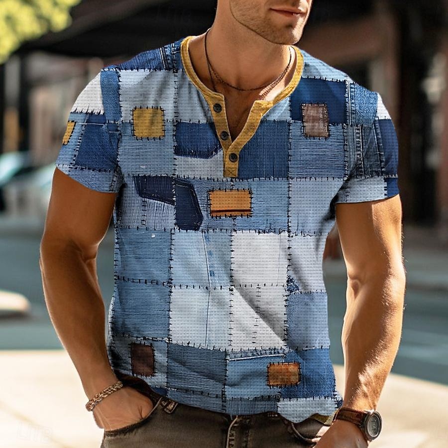 Plaid Faux Patchwork Pattern Men's Casual 3D Print T shirt Tee Henley Shirt Waffle T Shirt Sports Outdoor Casual Daily T shirt Light Blue Blue Sky Blue Short Sleeve Henley Shirt Spring & Summer 2025 - $20.99 –P8