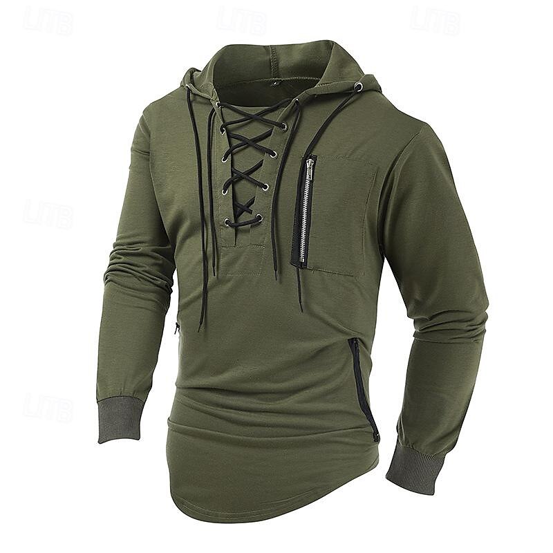 Herren T Shirt T-Shirt Langarmshirt Langarm Mit Kapuze Frühling & Sommer Einfach Mode Designer Basic Schnürung Urlaub Straße Ausgehen Schwarz Braun Grün Top T-Shirt für Herren 2025 - $26.99 –P11