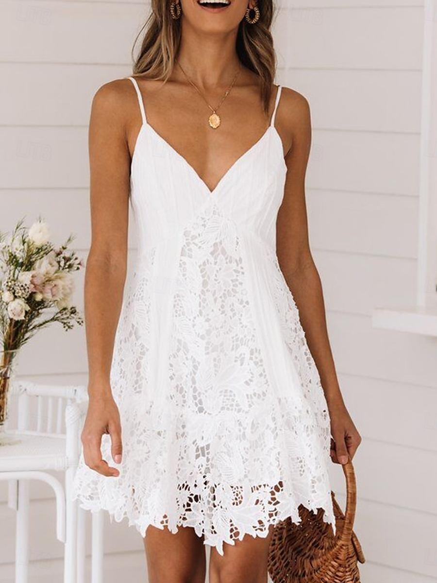 Damen Minikleid Weißes Kleid Abschlusskleid Spitzenkleid Sommerkleid Elegant Sexy Hochzeit Party Date Normale Passform Ärmellos Träger Weiß Sommer 2025 - $35.99 –P2