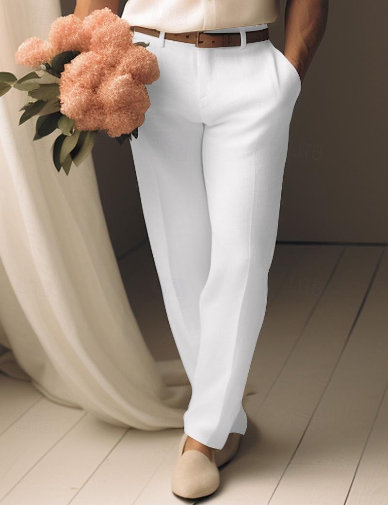 40% Linen Men's Linen Pants Trousers Summer Pants Pocket Straight Leg Plain Breathable Comfortable Office / Career Daily Vacation Classic Casual Black White 2025 - $31.99 –P3