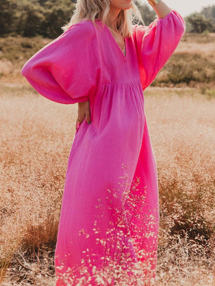 Women's Pink Orange Rose Red Summer Spring Maxi Dress Linen-Inspired Dresses Casual Dress Basic Modern Daily Weekend Loose Fit Plain V Neck 2025 - $32.99 –P19