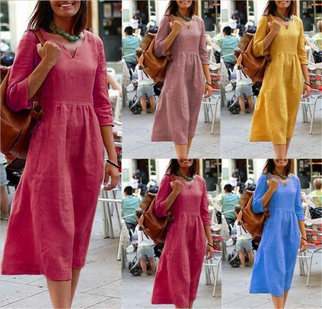 Femmes Jaune Rose Claire Rouge Été Printemps Robe Midi Robes inspirées du lin Robe Décontractée Basique Moderne Quotidien Week-end Coupe régulière Uni Col en V de 2025 ? $26.99 –P1