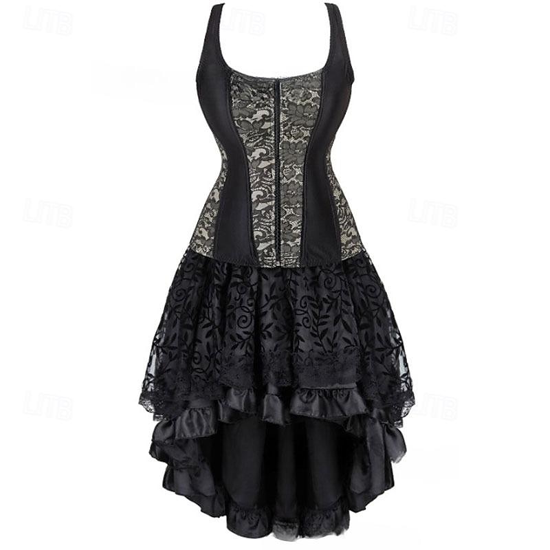 Retro Vintage Rococo Punk & Gothic Short / Mini Dress Overbust Corset Bustier Witch Lace Off Shoulder Jacquard Women's Fantasy Steampunk Walpurgis Night Halloween Carnival Masquerade Party / Evening 2025 - $58.99 –P1