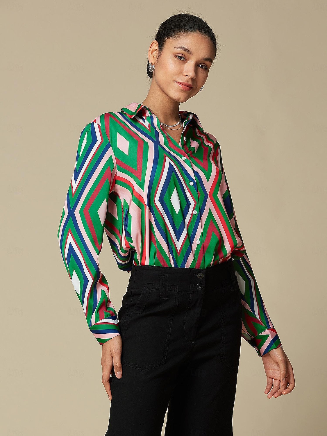 camicia casual con stampa geometrica in raso del 2025 a $5.59 –P8