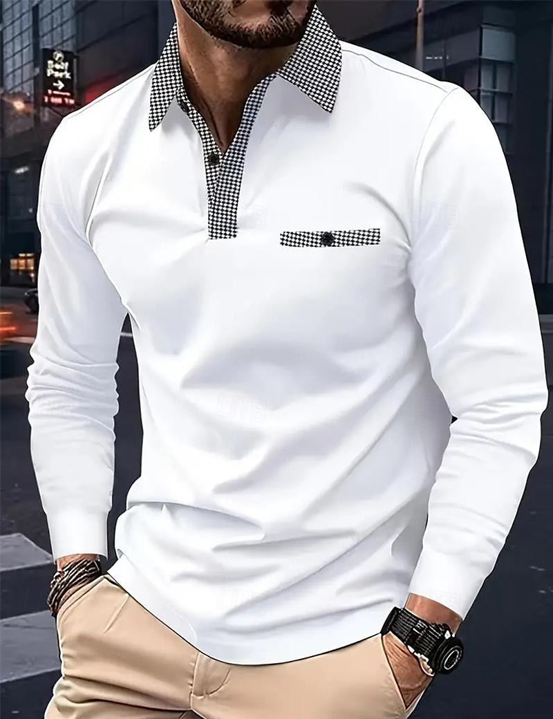 Men's Polo Shirt Golf Shirt Casual Sports Lapel Long Sleeve Fashion Basic Color Block Houndstooth Patchwork Button Spring & Fall Regular Fit White Red Navy Blue Khaki Light Blue Polo Shirt 2025 - $15.49 –P1