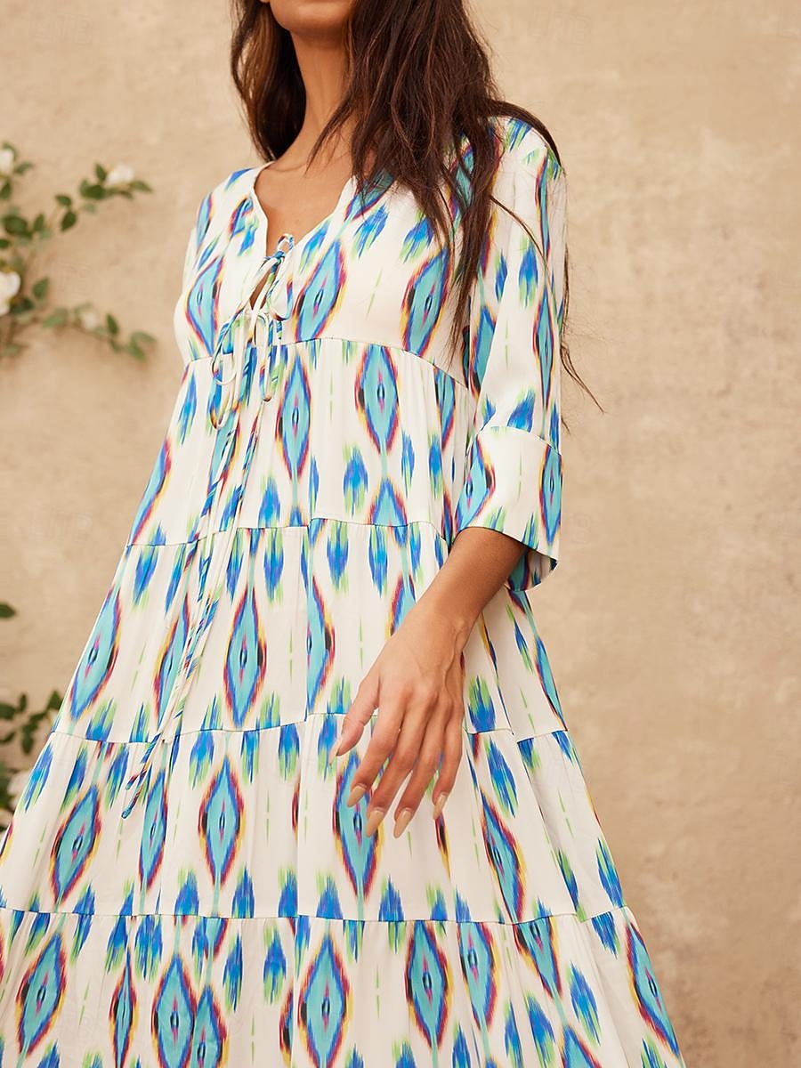 vestido maxi geométrico de cetim com decote em V de 2025 por $123.99 –P8