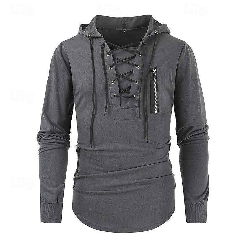 Herren T Shirt T-Shirt Langarmshirt Langarm Mit Kapuze Frühling & Sommer Einfach Mode Designer Basic Schnürung Urlaub Straße Ausgehen Schwarz Braun Grün Top T-Shirt für Herren 2025 - $26.99 –P13