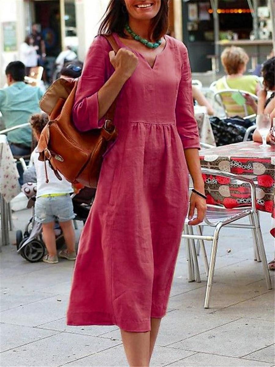Femmes Jaune Rose Claire Rouge Été Printemps Robe Midi Robes inspirées du lin Robe Décontractée Basique Moderne Quotidien Week-end Coupe régulière Uni Col en V de 2025 ? $26.99 –P4