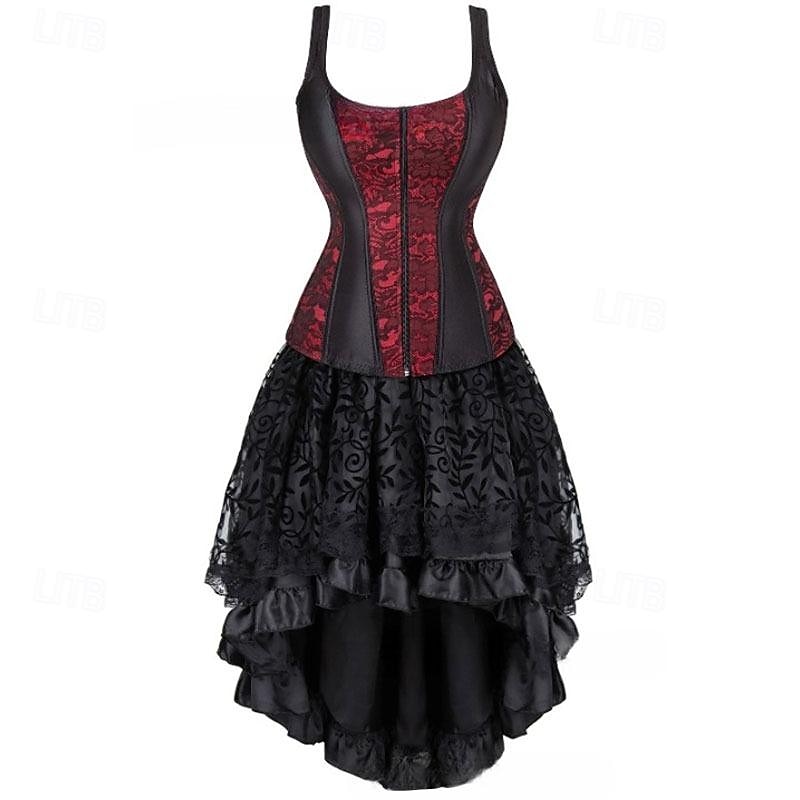 Retro Vintage Rococo Punk & Gothic Short / Mini Dress Overbust Corset Bustier Witch Lace Off Shoulder Jacquard Women's Fantasy Steampunk Walpurgis Night Halloween Carnival Masquerade Party / Evening 2025 - $58.99 –P7