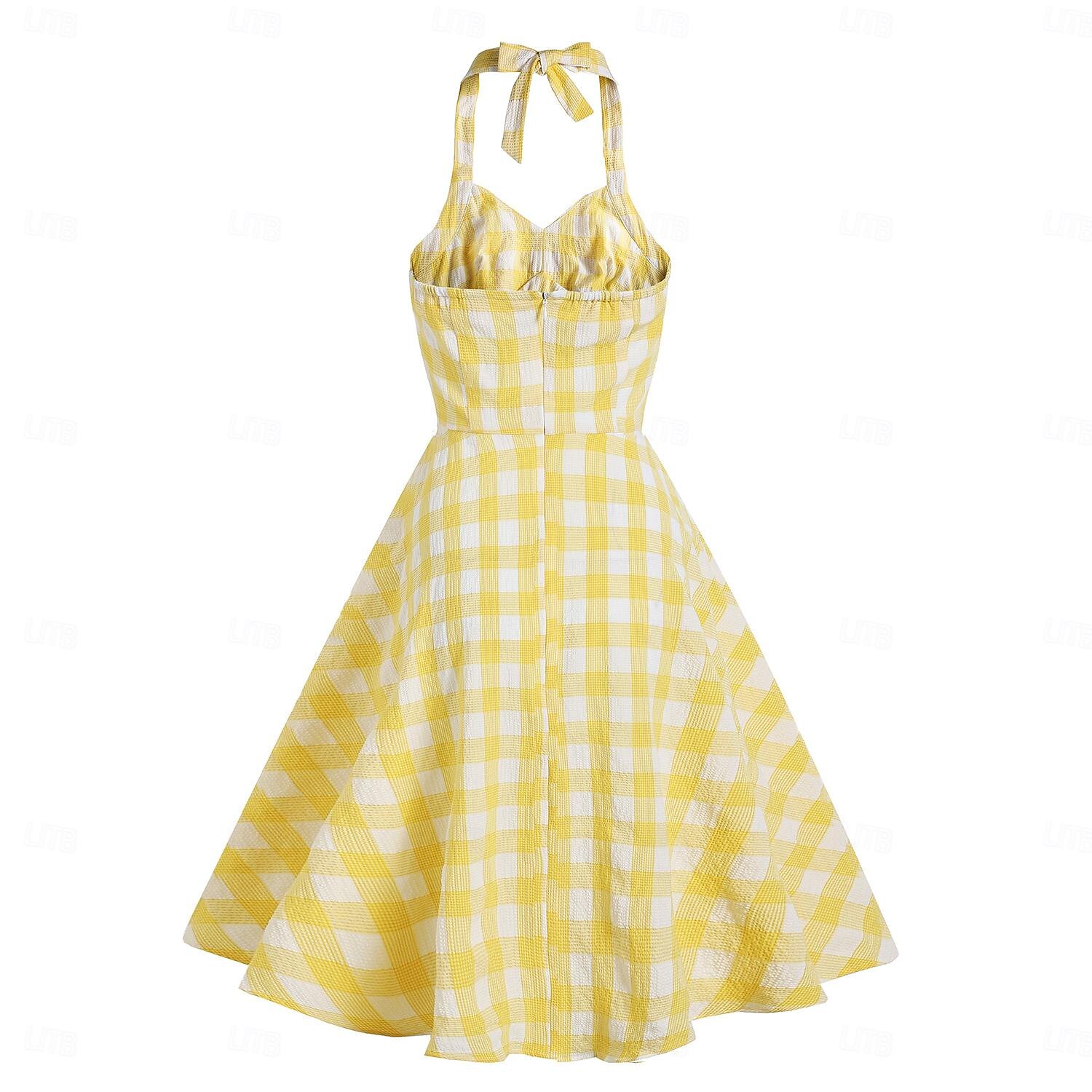 Retro Vintage 1950er Rockabilly Swing-Kleid Kariert Vichy-Karo A-Linie Neckholder Kostüm Damen Junggesellinnenabschiedsparty Erwachsene Kleid Abschlussballkleider Frühling & Sommer 2025 - $38.99 –P15