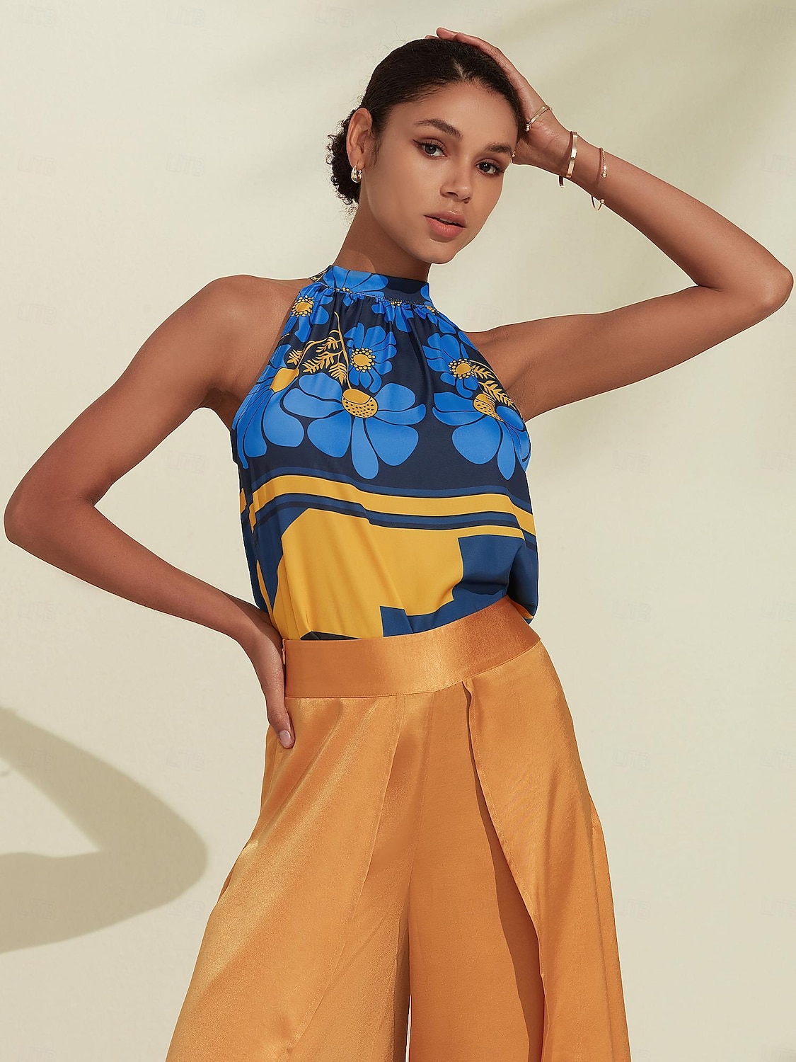 Per donna Geometrico Fiore / Piante Da mare Fine settimana Senza maniche Blu Increspato Legare indietro / Legare davanti Senza maniche Blouse Allacciato al collo Estate del 2025 a $10.59 –P5