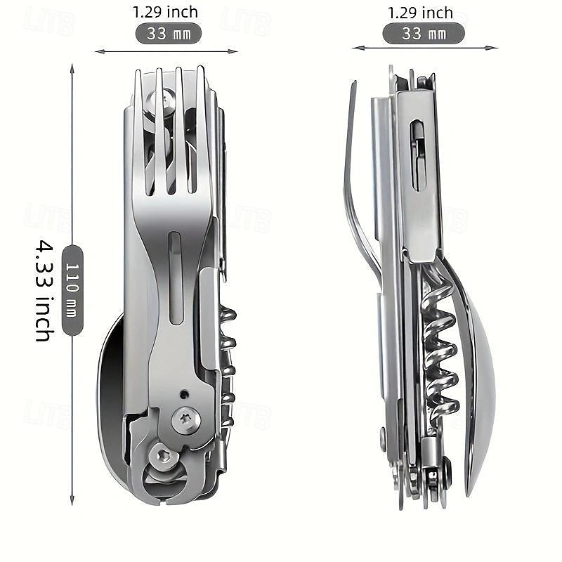 Set di posate multifunzione 5 in 1 in acciaio inossidabile 420 posate portatili da esterno con cucchiaio, coltello, forchetta, lattina staccabili & apri bottiglia del 2025 a $20.99 –P1