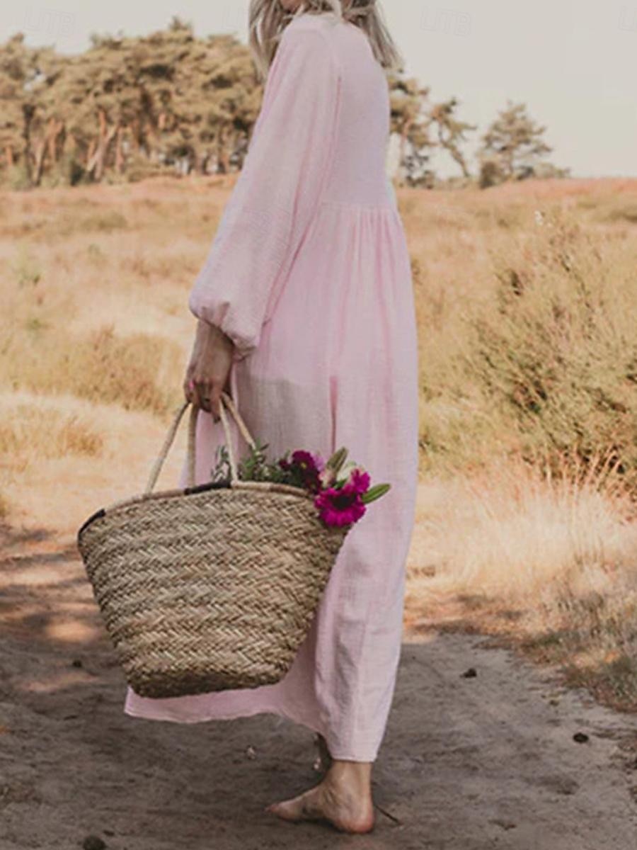 Women's Pink Orange Rose Red Summer Spring Maxi Dress Linen-Inspired Dresses Casual Dress Basic Modern Daily Weekend Loose Fit Plain V Neck 2025 - $32.99 –P12