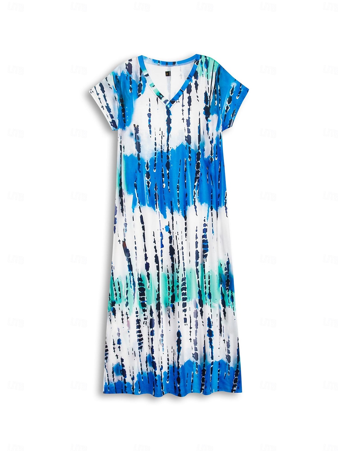 robe longue femme col en V imprimé tie-dye bleu vert blanc fente latérale décontractée plage été fluide confortable polyvalent manches courtes tailles disponibles mode de 2025 ? $51.99 –P5