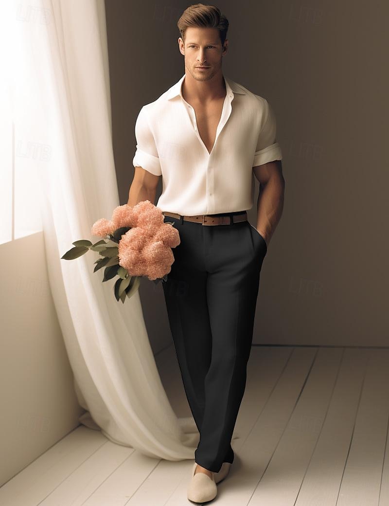 40% Linen Men's Linen Pants Trousers Summer Pants Pocket Straight Leg Plain Breathable Comfortable Office / Career Daily Vacation Classic Casual Black White 2025 - $31.99 –P8