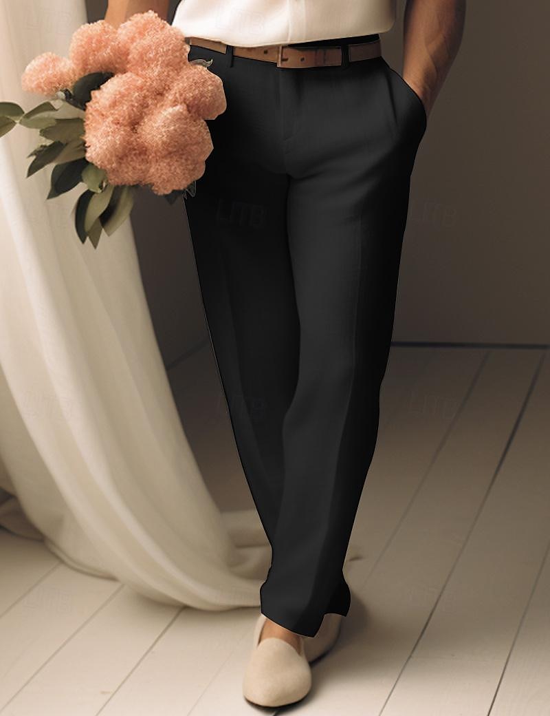40% Linen Men's Linen Pants Trousers Summer Pants Pocket Straight Leg Plain Breathable Comfortable Office / Career Daily Vacation Classic Casual Black White 2025 - $31.99 –P7