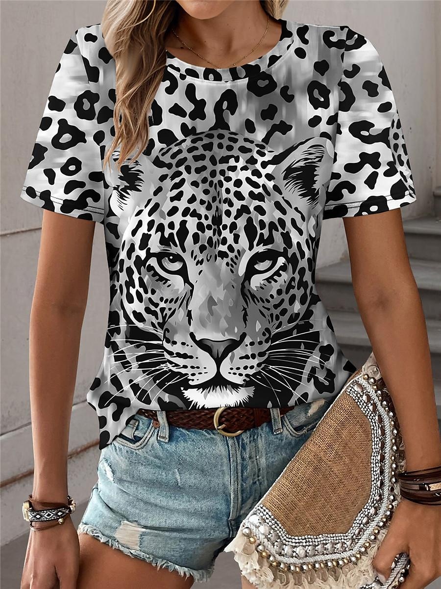 Femme T shirt Léopard Mode Manche Courte Col Ras du Cou Hauts réguliers du quotidien Fin de semaine Imprimer Bleu Violet Fuchsia Vert Gris Eté de 2025 ? $19.99 –P1