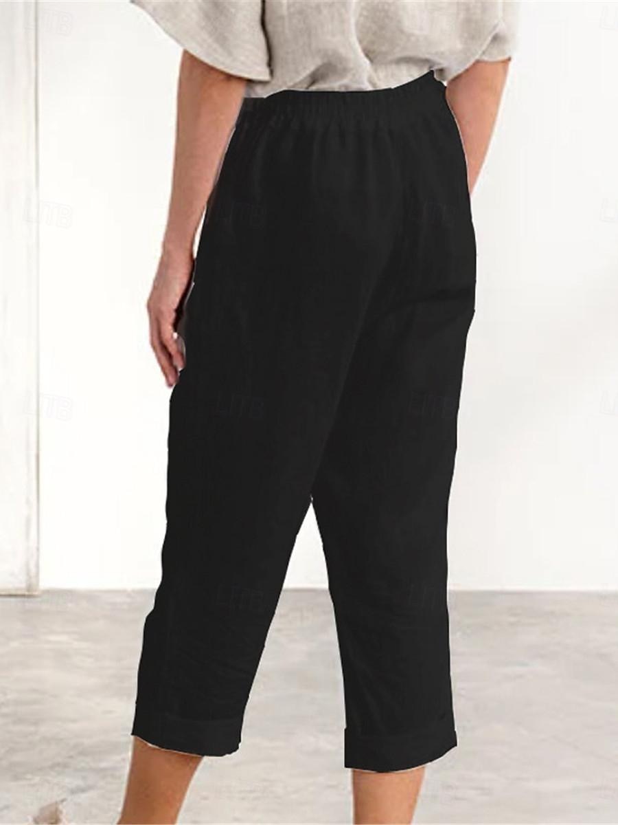 Women's Cotton Linen Pants Fashion Basic Comfort Pure Color Pocket Elastic Waist Breathable Micro-elastic Street Daily Black White Navy Blue Brown Summer 2025 - $21.99 –P11