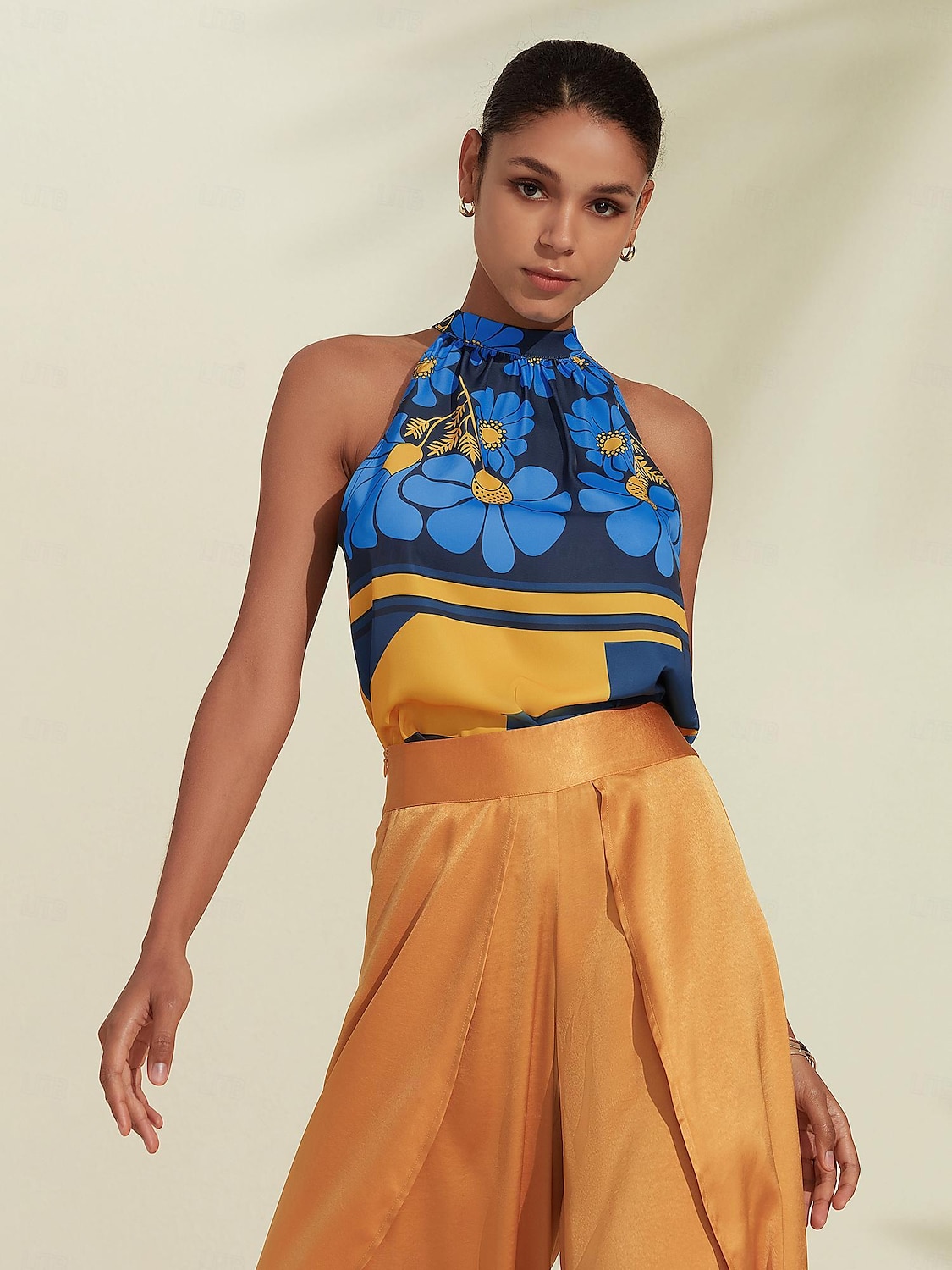 Per donna Geometrico Fiore / Piante Da mare Fine settimana Senza maniche Blu Increspato Legare indietro / Legare davanti Senza maniche Blouse Allacciato al collo Estate del 2025 a $10.59 –P1