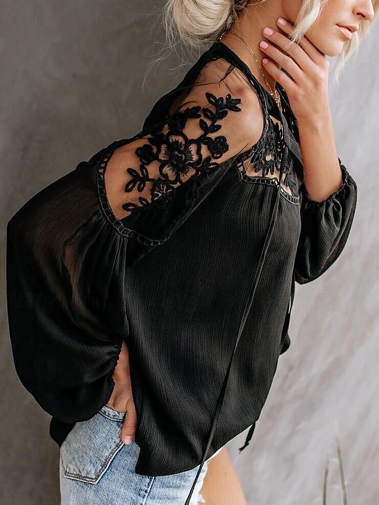 Chemise Chemise en dentelle Chemisier Haut patchwork en maille Femme Noir Blanche Couleur unie Lacet Maille Plein Air du quotidien Mode Col V S de 2025 ? $25.99 –P5