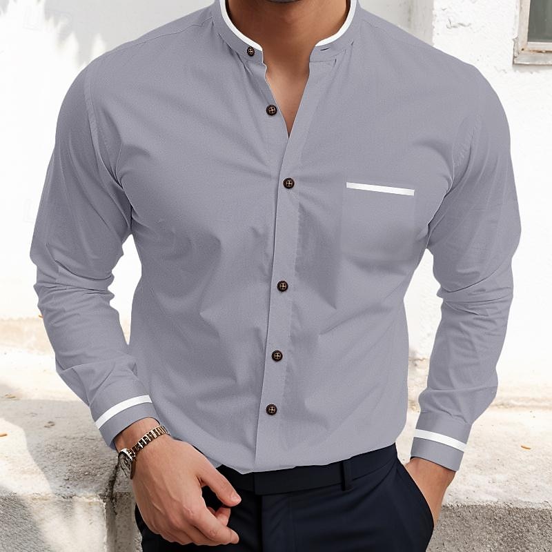 Herren Hemd Hemd mit Stehkragen Oberhemd Oxford Hemd Knopfhemd Hochzeit Urlaub Weiß Marineblau Grau Leicht Blau Langarm Stehkragen Frühling Sommer Bekleidung Vordertasche 2025 - $25.99 –P7