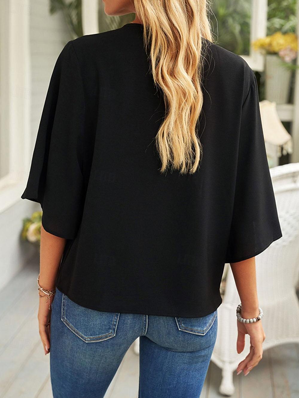 Hemd Bluse Damen Schwarz Weiß Wein Feste Farbe Rüschen Strasse Täglich Modisch V Ausschnitt S 2025 - $25.99 –P3