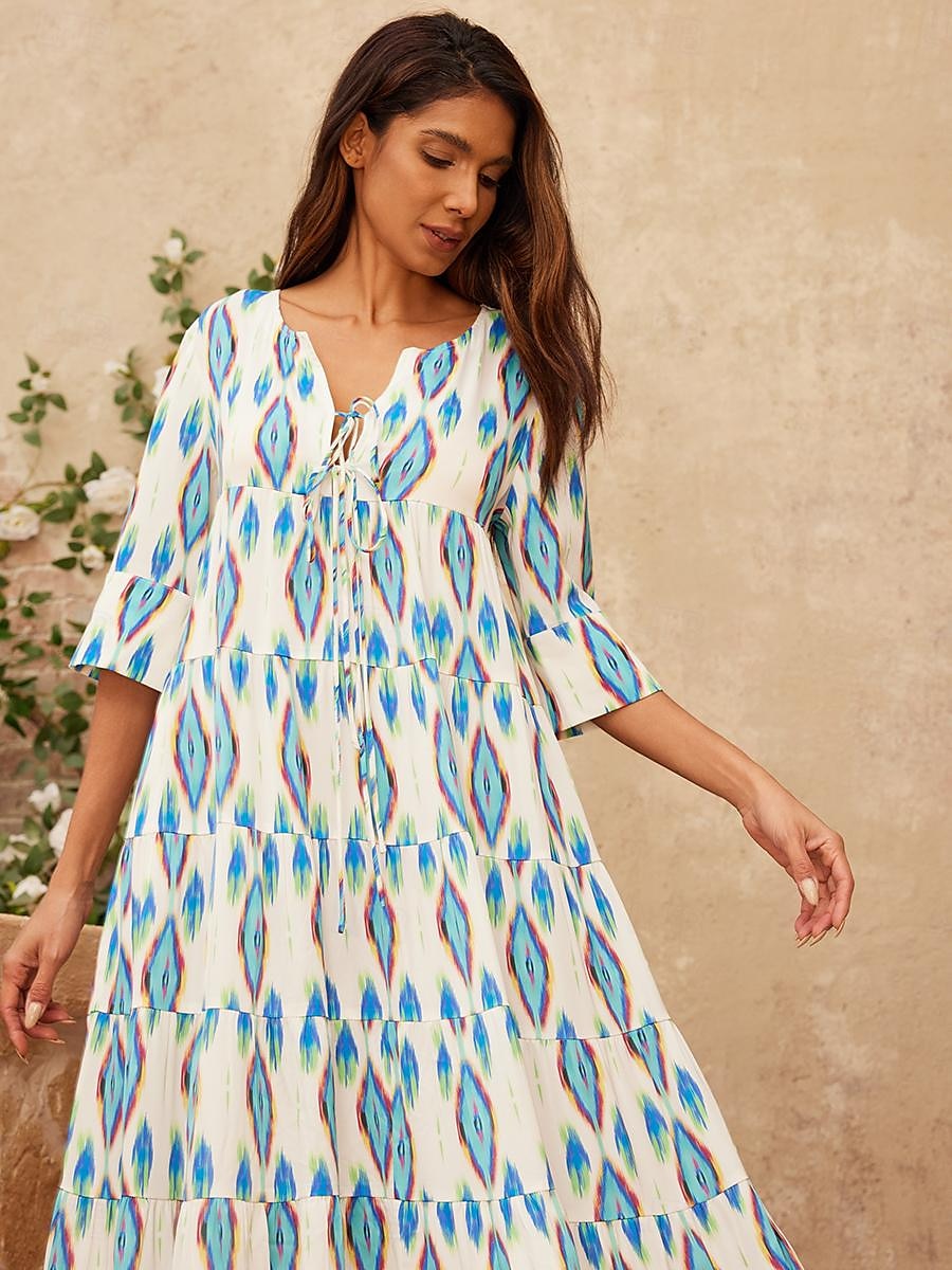 vestido maxi geométrico de cetim com decote em V de 2025 por $123.99 –P6
