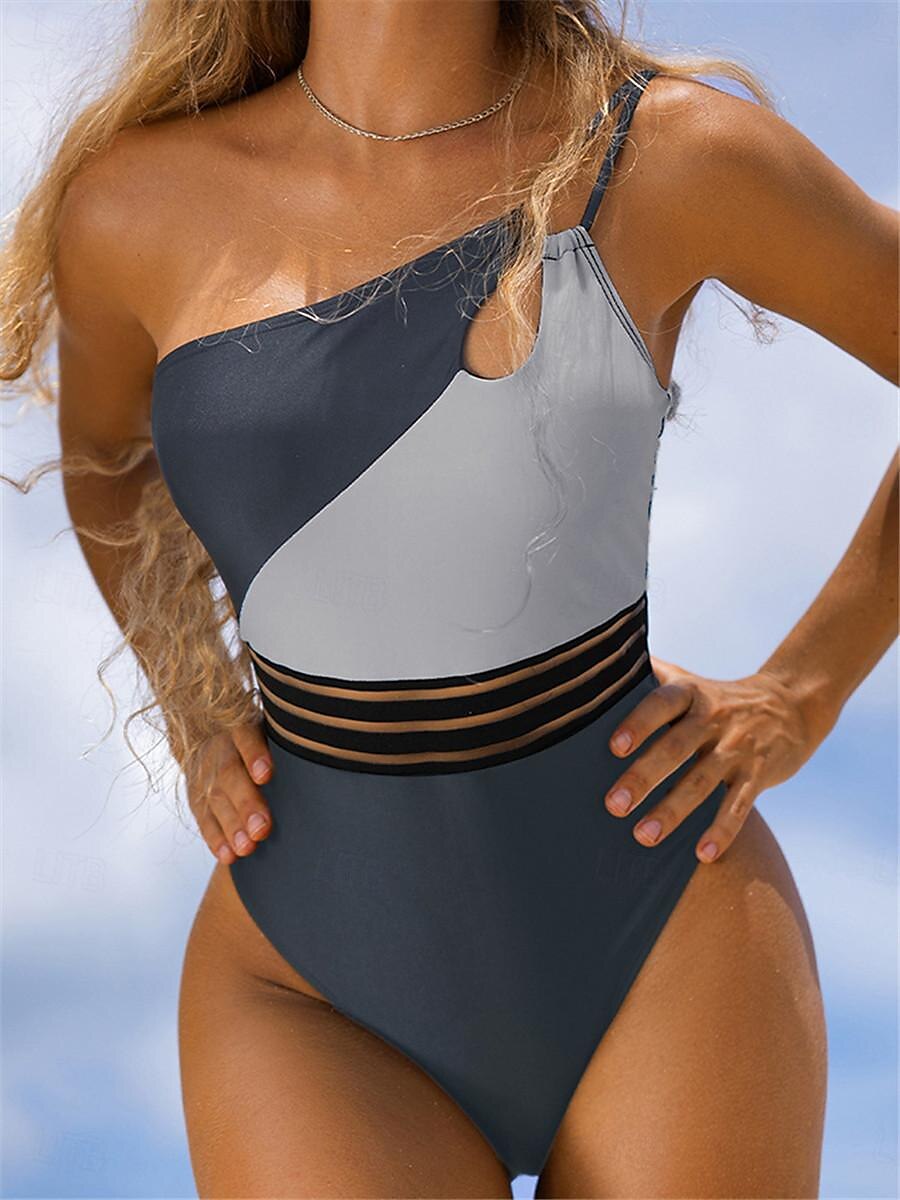 Damen normaler Badeanzug tropisch geometrisch ärmellos V-Bügel offener Rücken Druck Party Urlaub Regular Fit Leopard schwarz weiß Sommer 2025 - $19.99 –P12