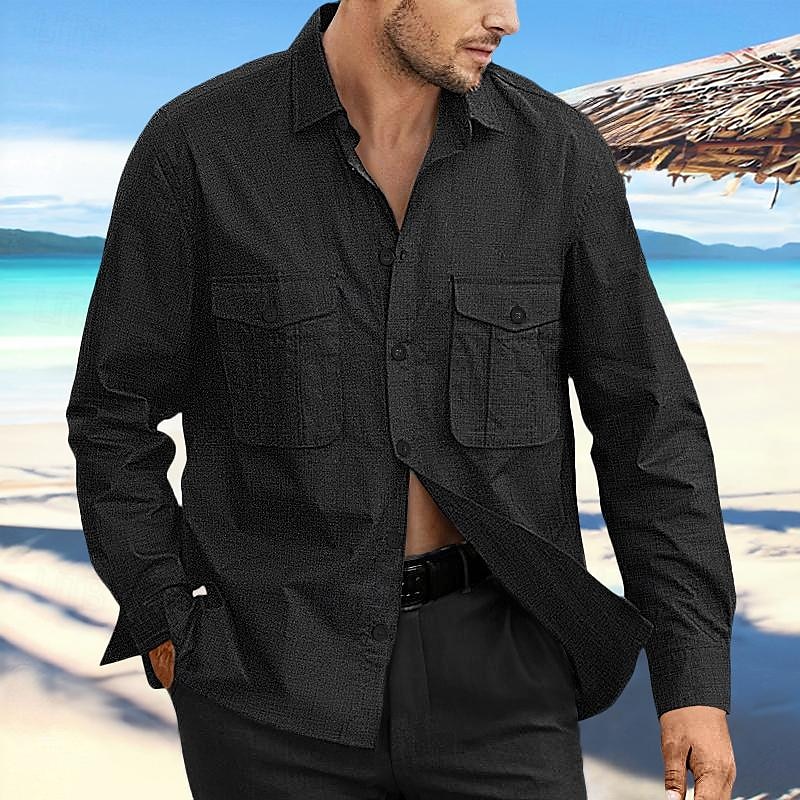 Herren Hemd leinenhemd Sommerhemd Strandbekleidung Knopfhemd Glatt Urlaub Curise Schwarz Marineblau Blau Khaki Langarm Kargen Frühling Sommer Bekleidung Tasche 2025 - $26.99 –P2