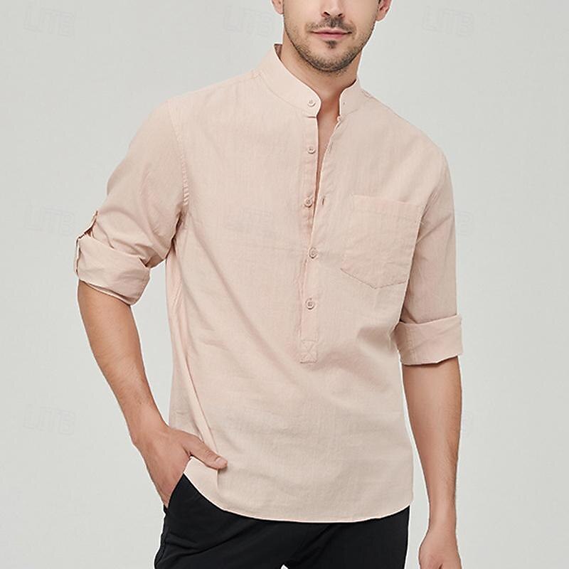 Men's Shirt Linen Shirt Chinese Collar Shirt Mandarin Collar Shirt Summer Shirt Beach Shirt Plain Vacation Street Black White Yellow Pink Long Sleeve Band Collar Summer Clothing Apparel Front Pocket 2025 - $32.99 –P10