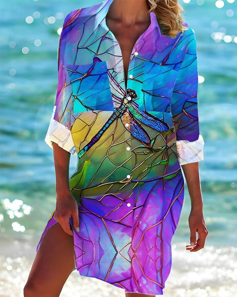 Womens Mini Dress Camicia Vestito Camicie Hawaiane Fluttuante Moda Bottoni Stampa Maniche Lunghe Colletto Camicia Lunghe Casual Vacanza Spiaggia Bianco Blu Viola Estate Vestiti da Spiaggia del 2025 a $46.99 –P1