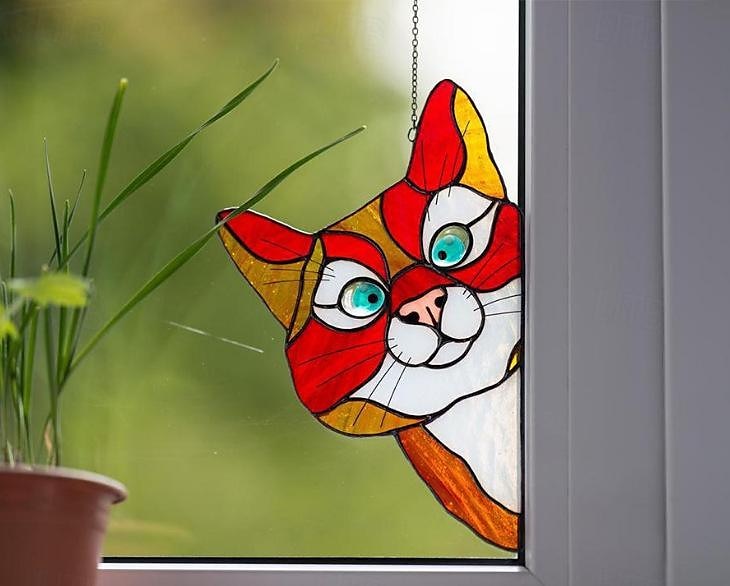 tentures de fenêtre de chat, attrape-soleil de chat en verre teinté fait à la main, cintre de fenêtre de chat mignon en vitrail furtivement attrape-soleil chat acrylique vitrail cintre de fenêtre de chat pour les amoureux des chats de 2025 ? $9.49 –P3